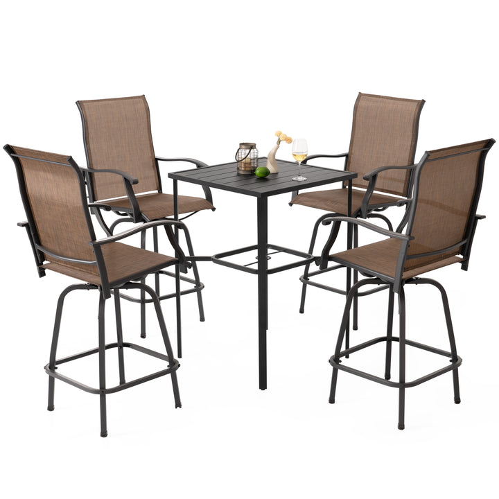 Outdoor 5-Piece Textilene Bar Set, Swivel Bar Stools and Umbrella Hole
