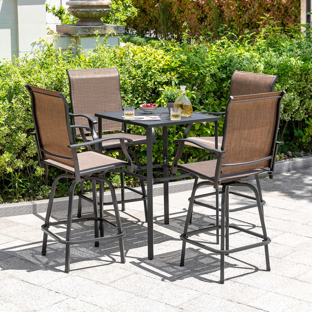 Outdoor 5-Piece Textilene Bar Set, Swivel Bar Stools and Umbrella Hole