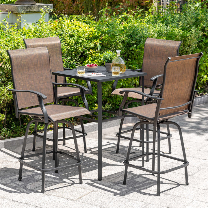 Outdoor 5-Piece Textilene Bar Set, Swivel Bar Stools and Umbrella Hole