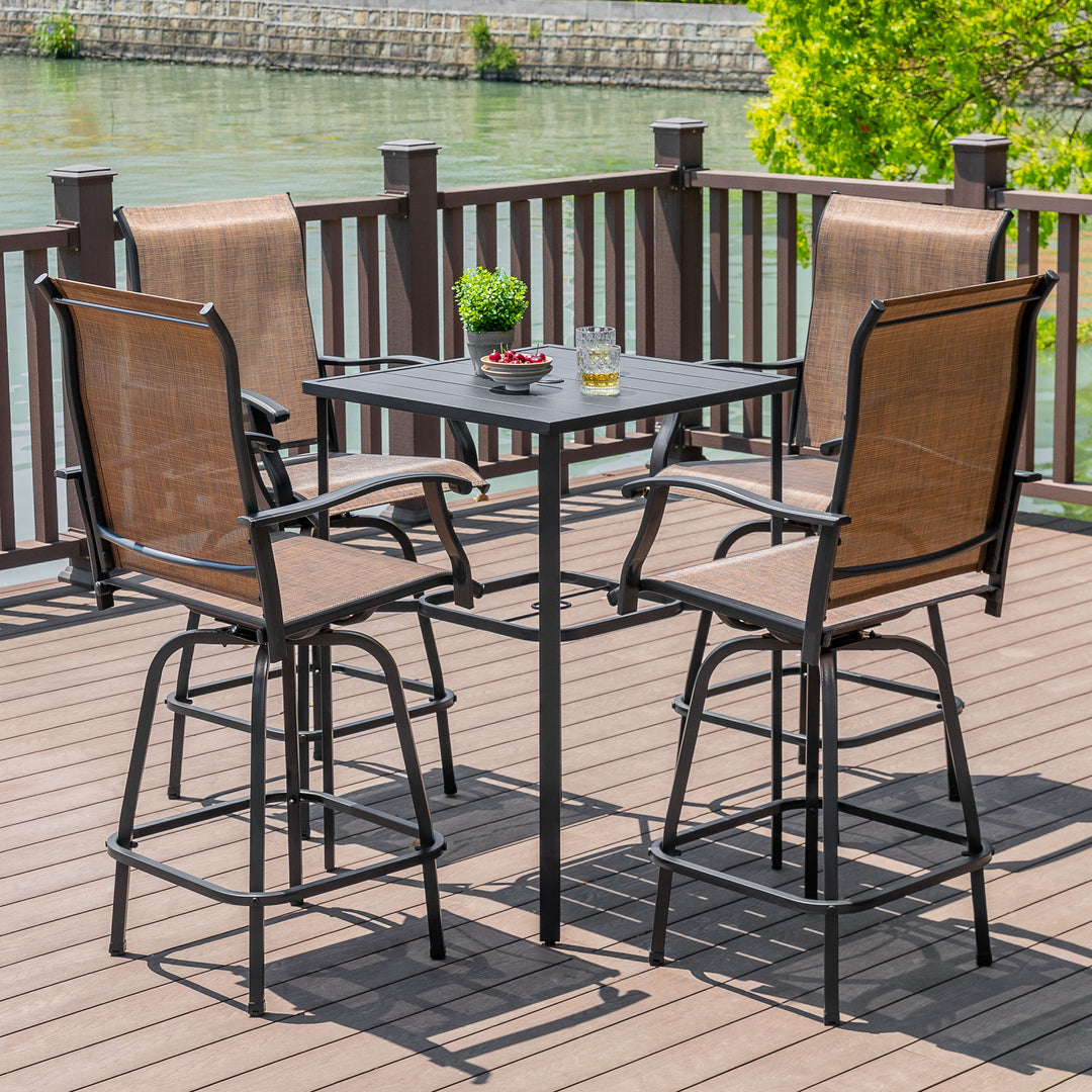 Outdoor 5-Piece Textilene Bar Set, Swivel Bar Stools and Umbrella Hole