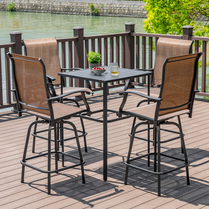 Outdoor 5-Piece Textilene Bar Set, Swivel Bar Stools and Umbrella Hole