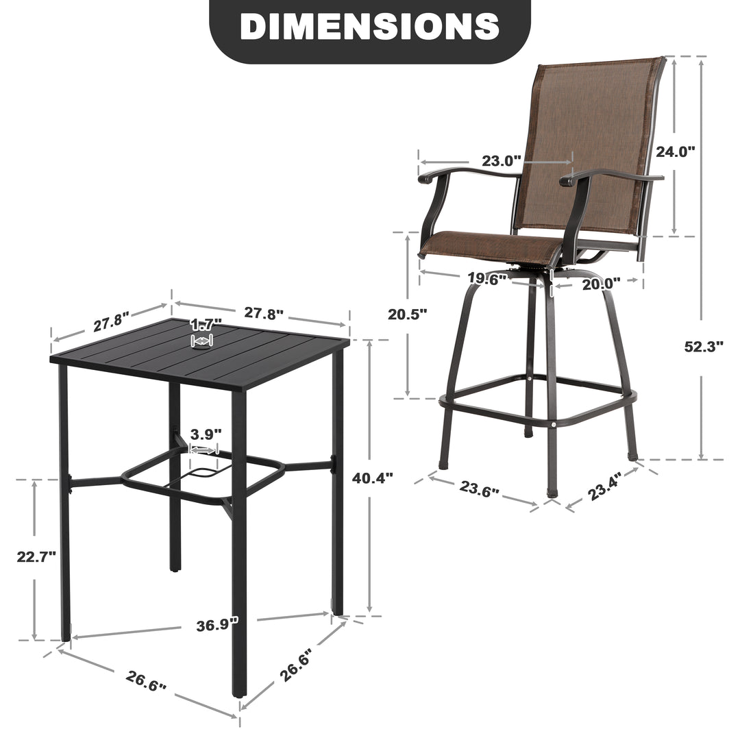 Outdoor 3-Piece Textilene Bar Set, Swivel Bar Stools and Umbrella Hole