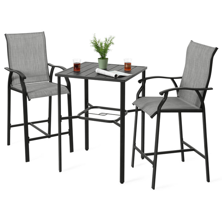 Outdoor 3-Piece Textilene Bar Set, Height Back Bar Stools and Umbrella Hole