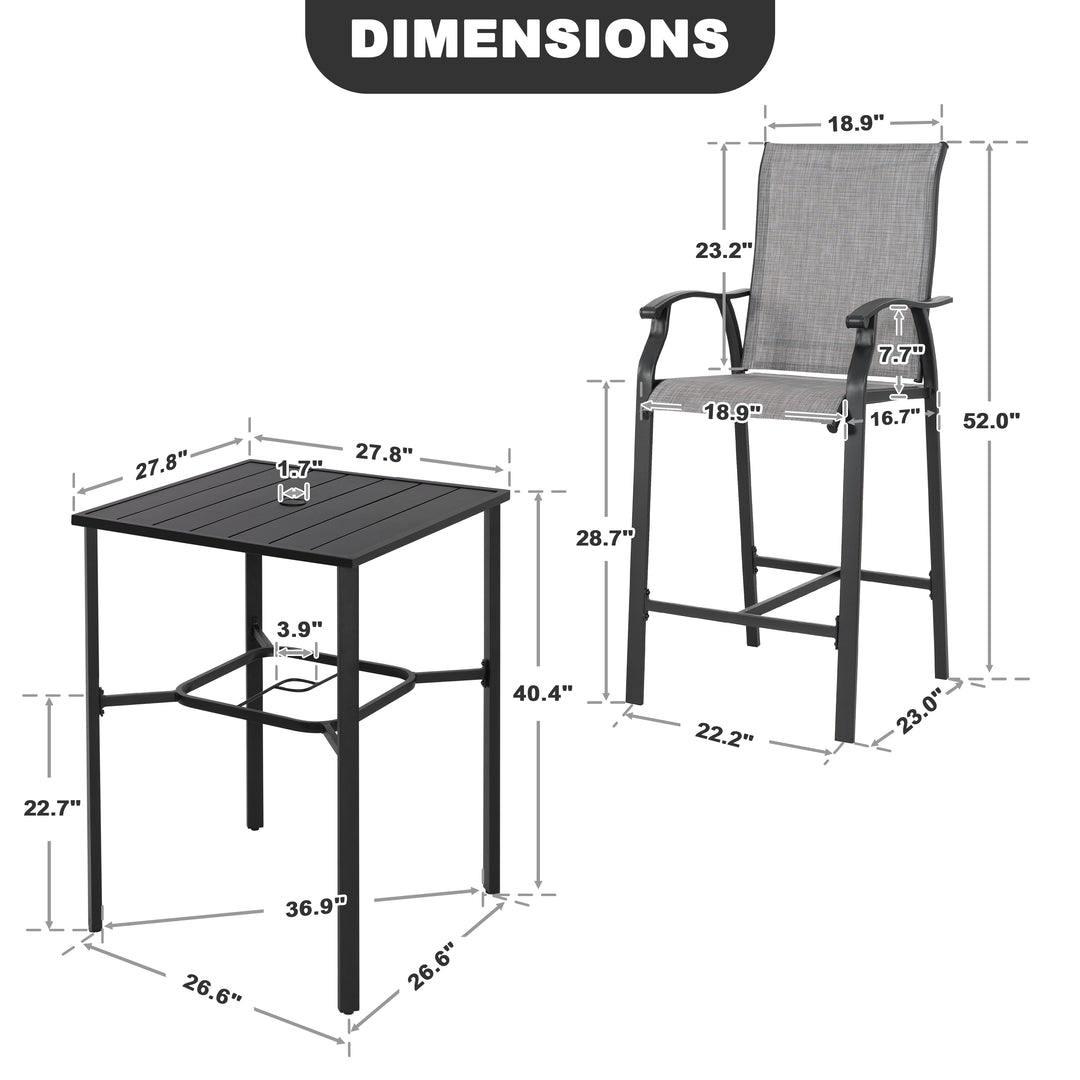 Outdoor 3-Piece Textilene Bar Set, Height Back Bar Stools and Umbrella Hole