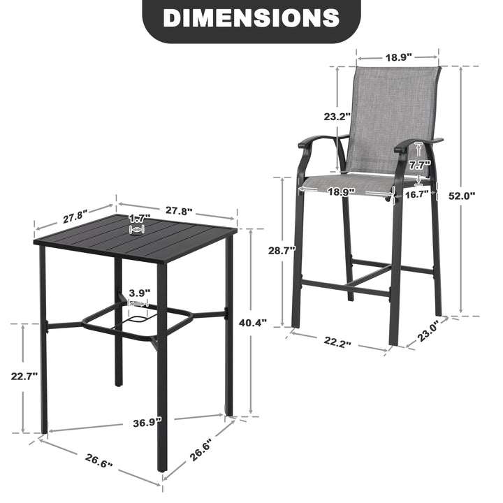 Outdoor 3-Piece Textilene Bar Set, Height Back Bar Stools and Umbrella Hole