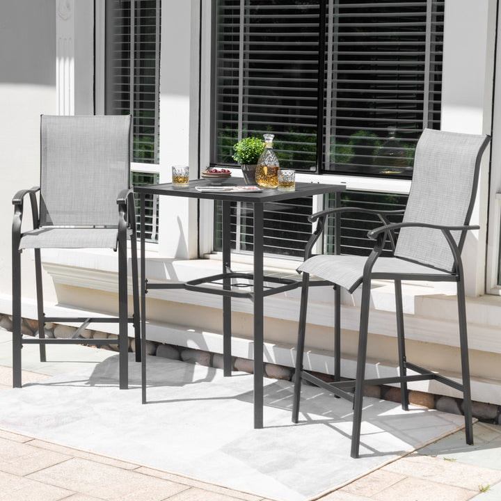 Outdoor 3-Piece Textilene Bar Set, Height Back Bar Stools and Umbrella Hole