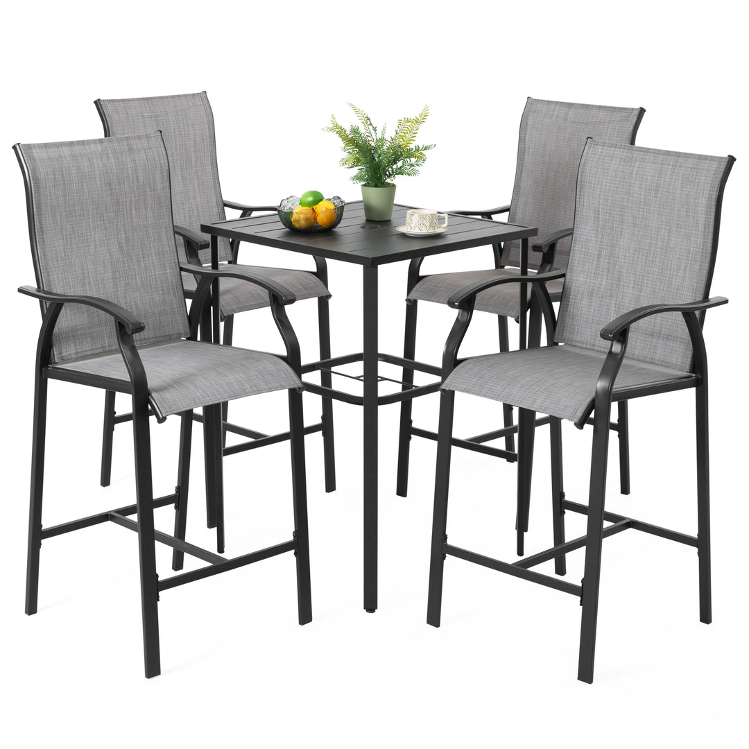 Outdoor 5-Piece Textilene Bar Set, Height Back Bar Stools and Umbrella Hole