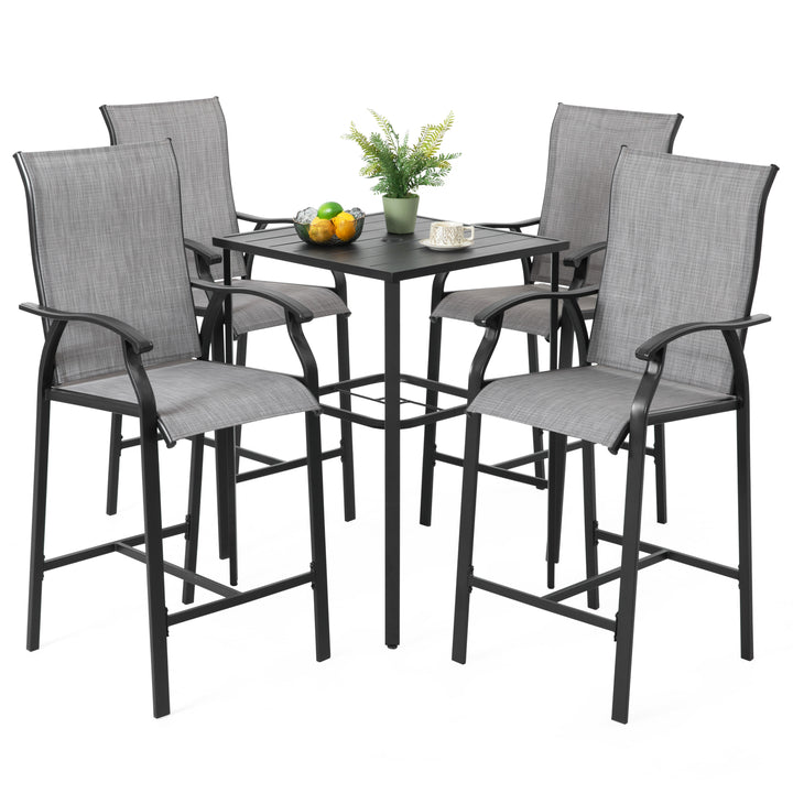 Outdoor 5-Piece Textilene Bar Set, Height Back Bar Stools and Umbrella Hole