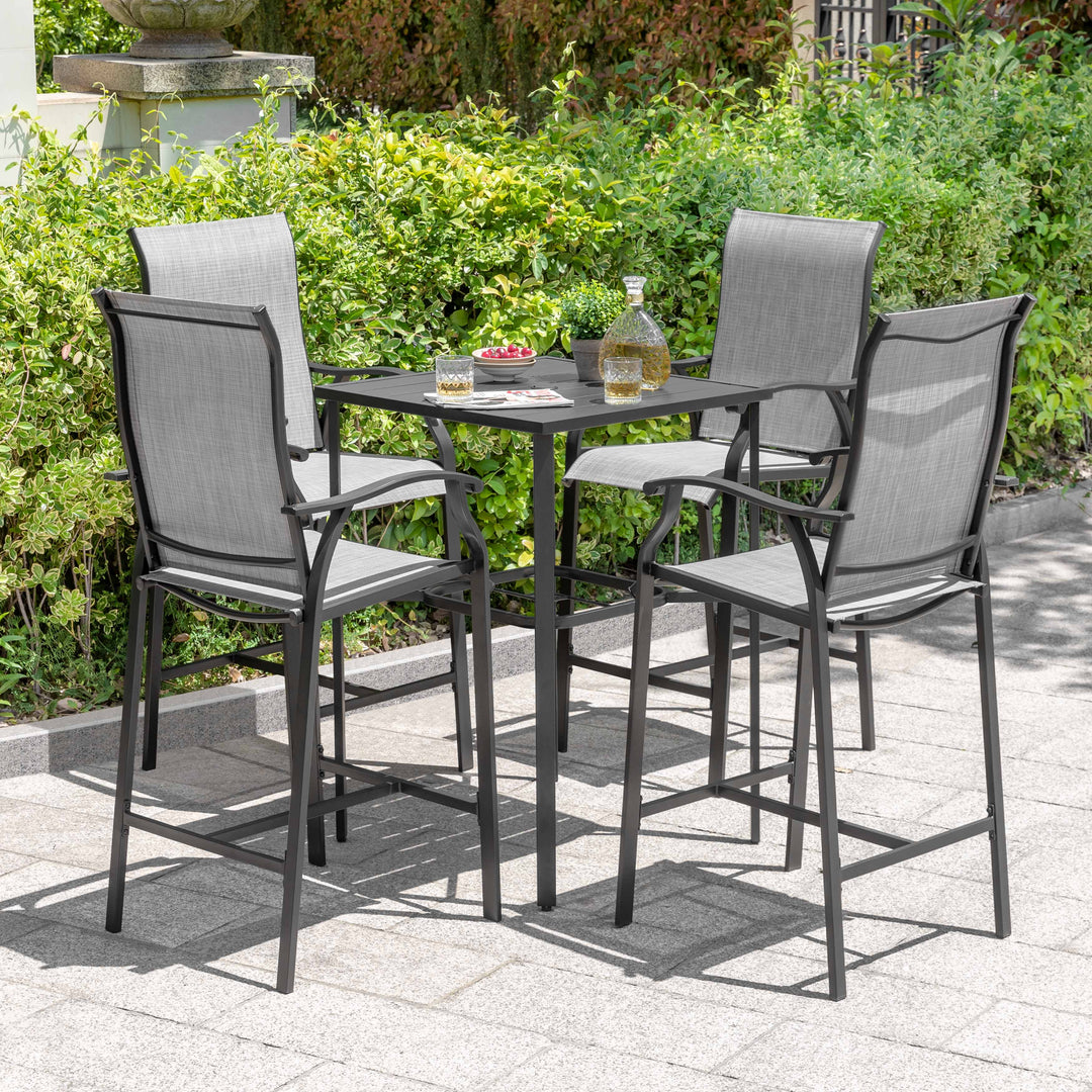 Outdoor 5-Piece Textilene Bar Set, Height Back Bar Stools and Umbrella Hole