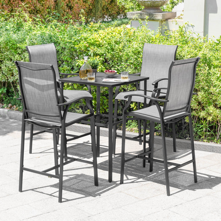 Outdoor 5-Piece Textilene Bar Set, Height Back Bar Stools and Umbrella Hole