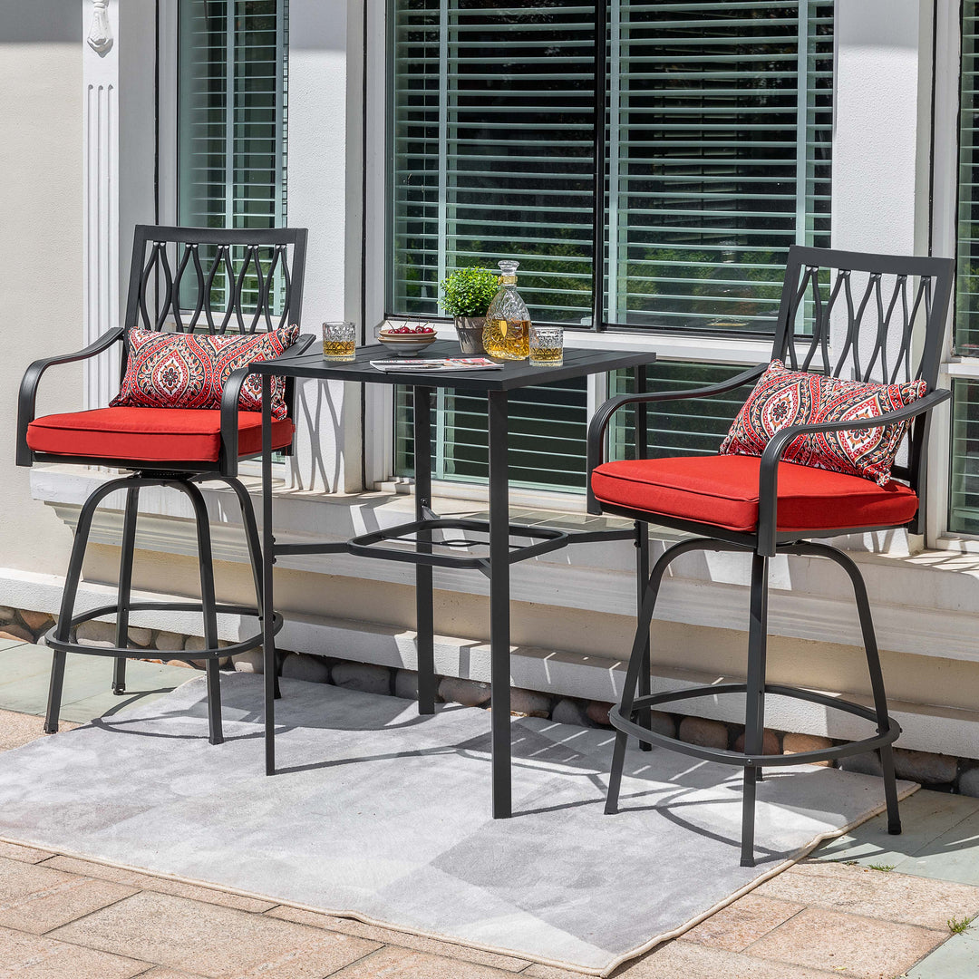 Outdoor 3PCS Metal Swivel Bar Set with Umbrella Hole and Padded Cushions