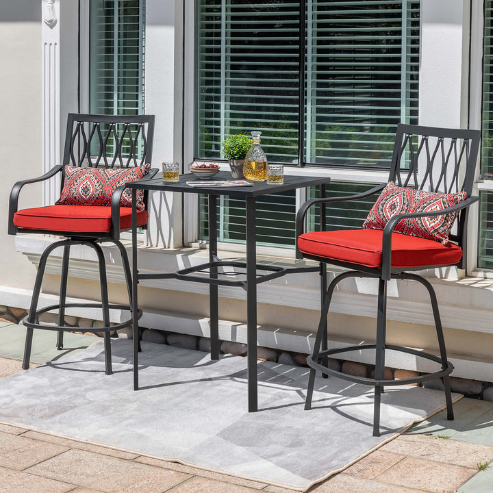 Outdoor 3PCS Metal Swivel Bar Set with Umbrella Hole and Padded Cushions