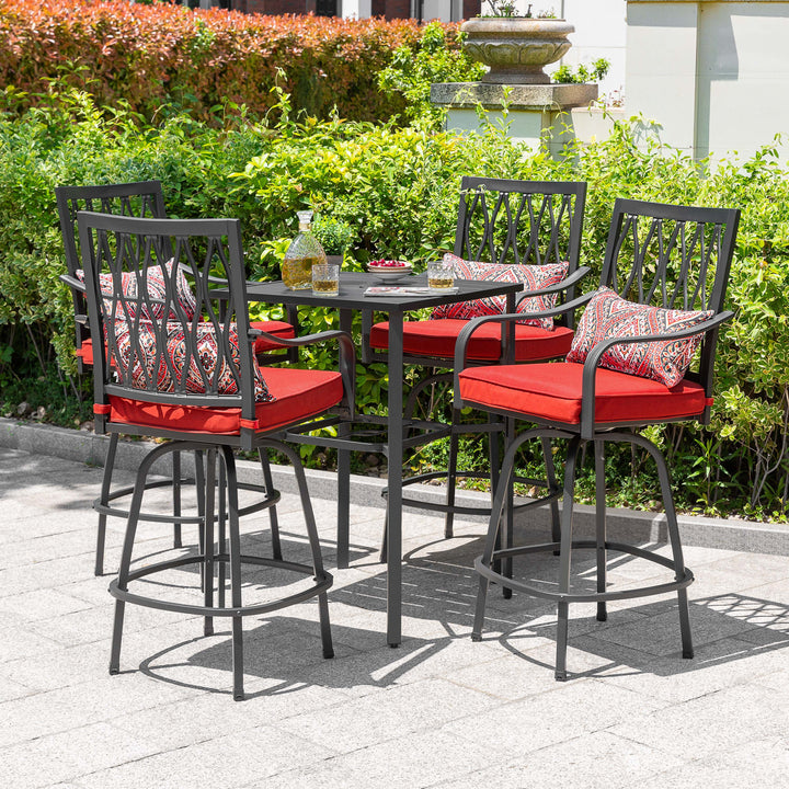 Outdoor 5PCS Metal Swivel Bar Set with Umbrella Hole and Padded Cushions