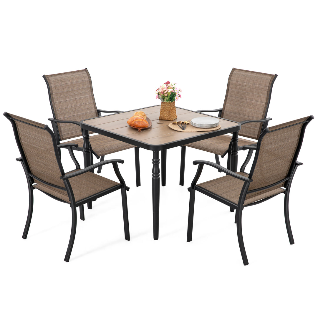 Patio Textilene Dining Set of 5 with Umbrella Hole, Wood-Grain Tabletop