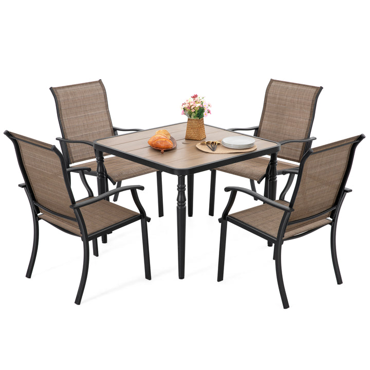 Patio Textilene Dining Set of 5 with Umbrella Hole, Wood-Grain Tabletop