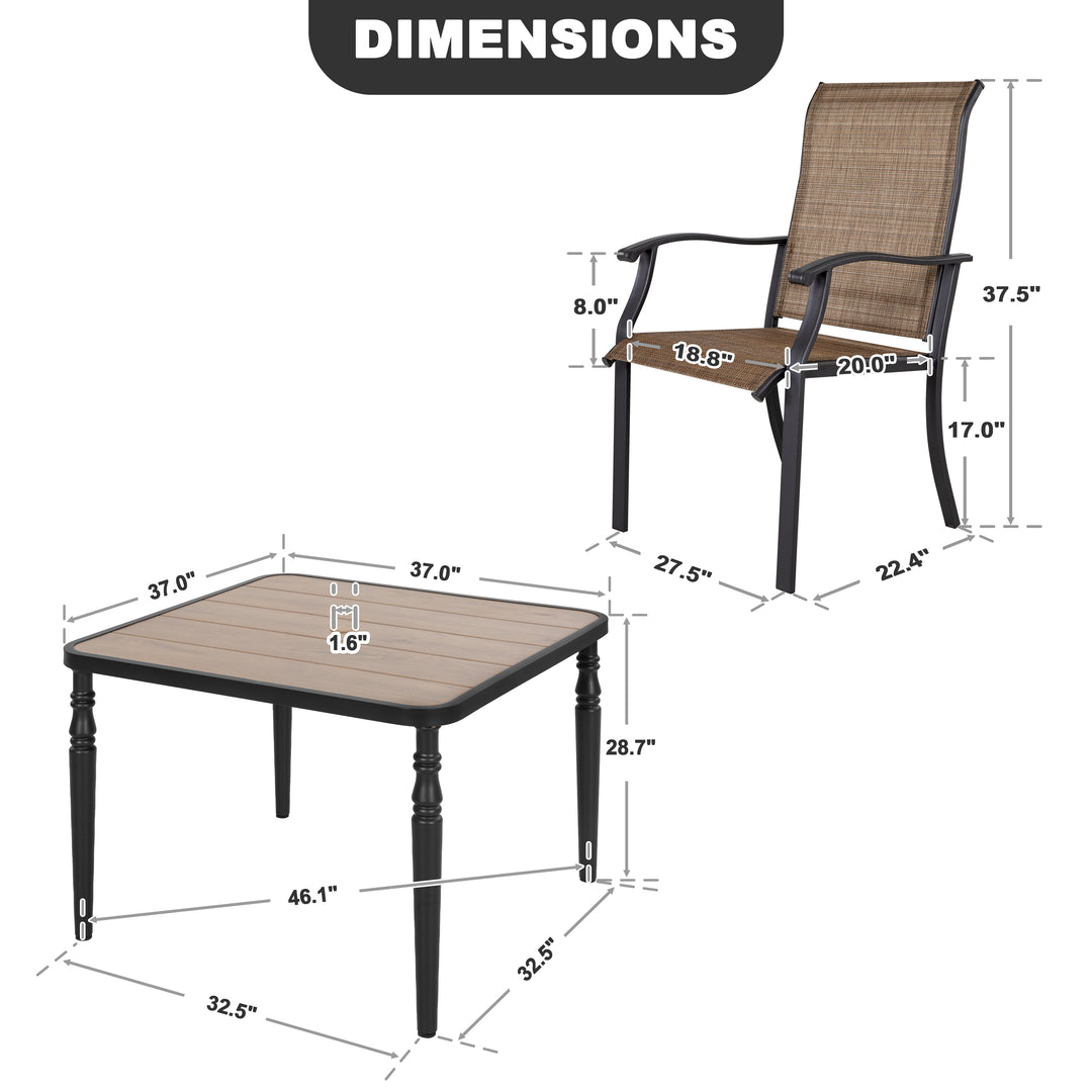 Patio Textilene Dining Set of 5 with Umbrella Hole, Wood-Grain Tabletop