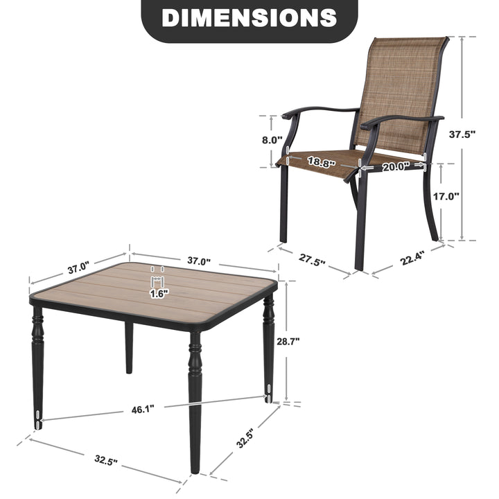 Patio Textilene Dining Set of 5 with Umbrella Hole, Wood-Grain Tabletop
