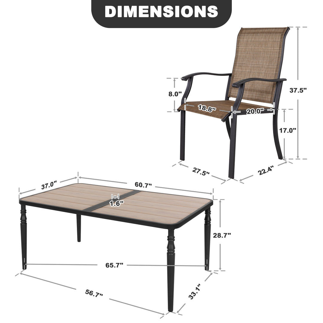 Patio Textilene Dining Set of 7 with Umbrella Hole, Wood-Grain Tabletop