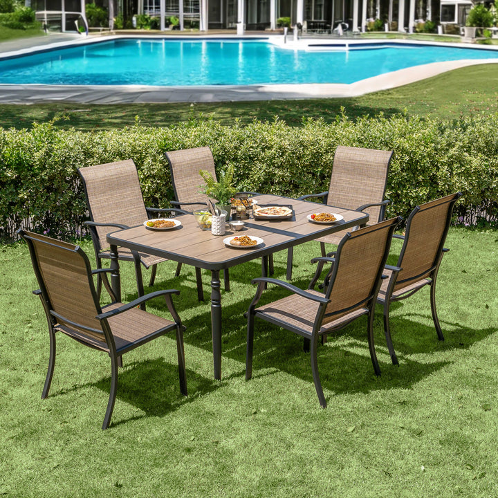 Patio Textilene Dining Set of 7 with Umbrella Hole, Wood-Grain Tabletop