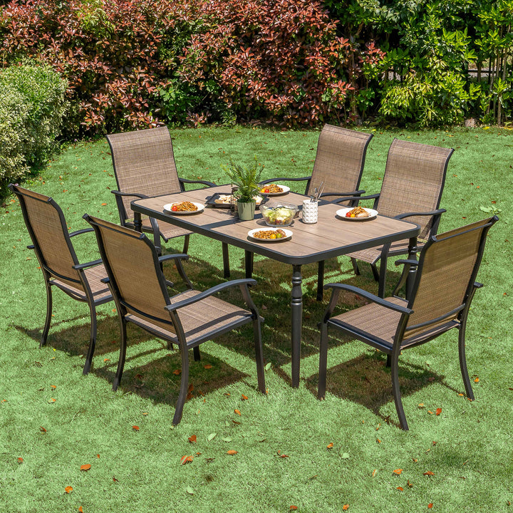 Patio Textilene Dining Set of 7 with Umbrella Hole, Wood-Grain Tabletop