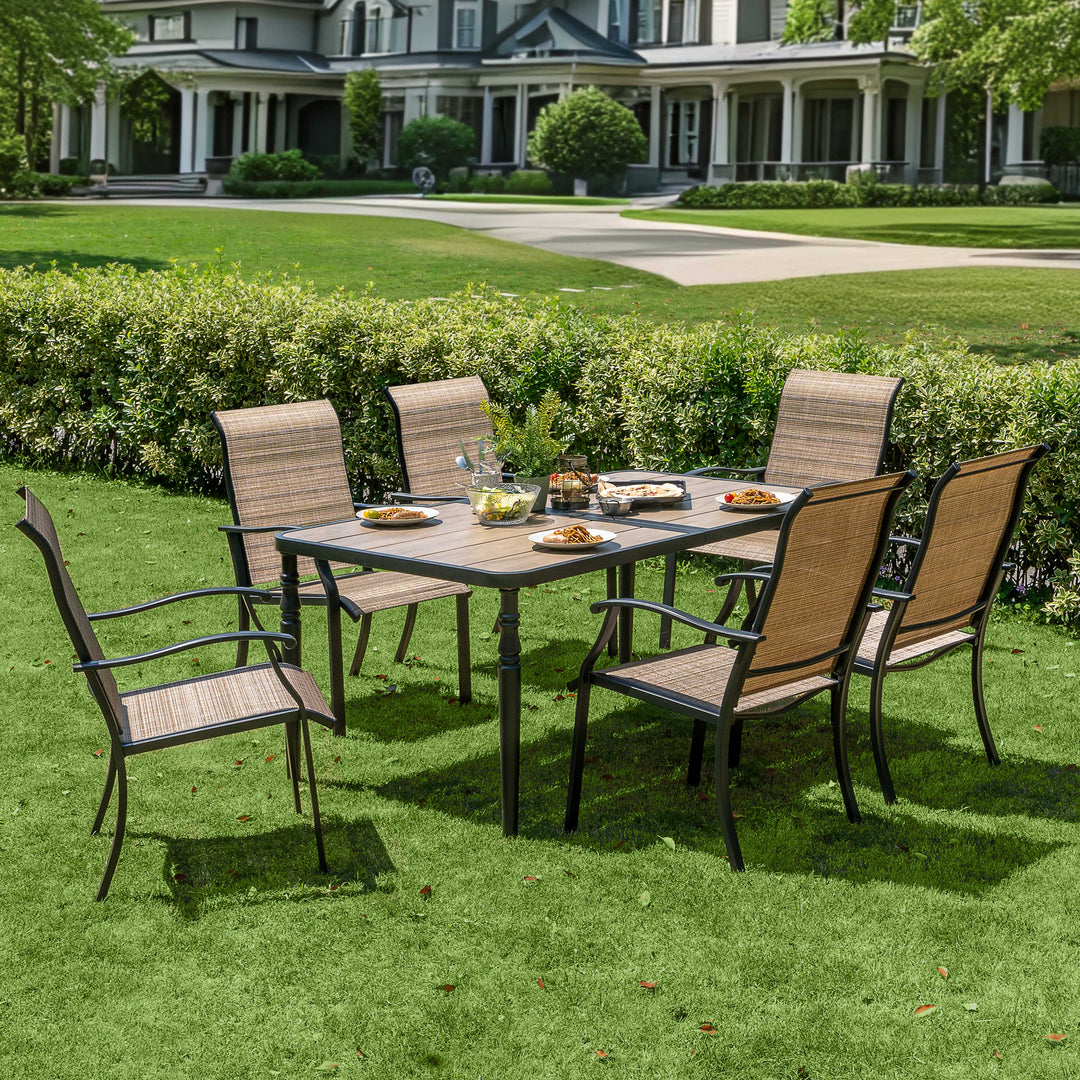 Patio Textilene Dining Set of 7 with Umbrella Hole, Wood-Grain Tabletop