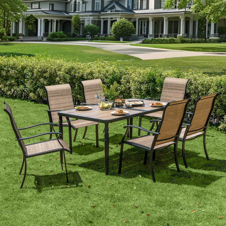 Patio Textilene Dining Set of 7 with Umbrella Hole, Wood-Grain Tabletop