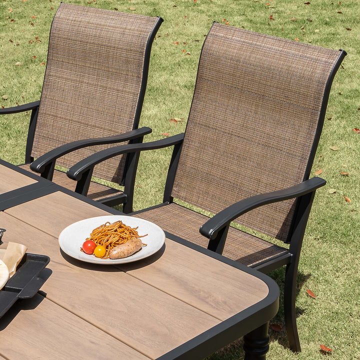 Patio Textilene Dining Set of 7 with Umbrella Hole, Wood-Grain Tabletop