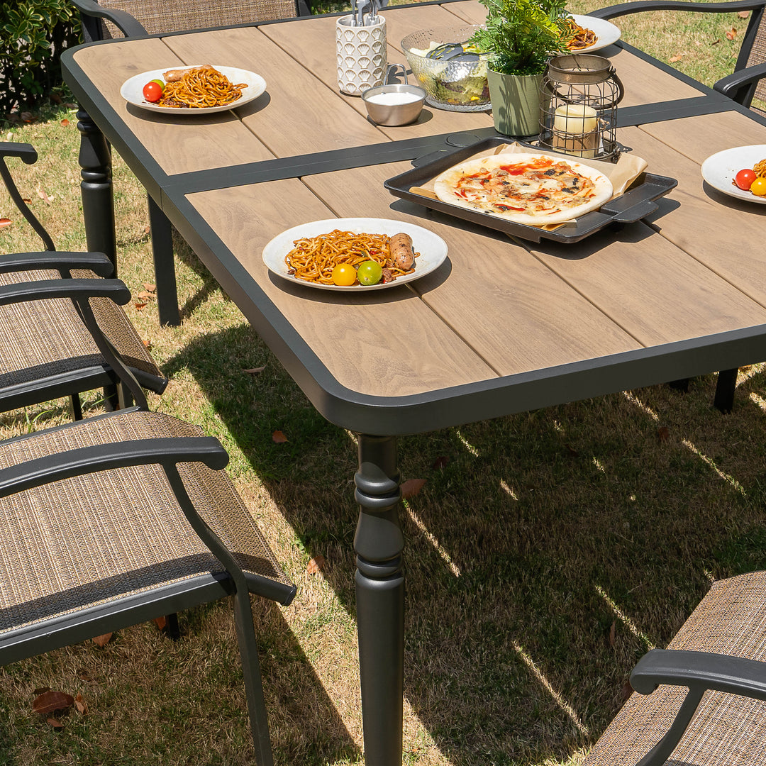 Patio Textilene Dining Set of 7 with Umbrella Hole, Wood-Grain Tabletop
