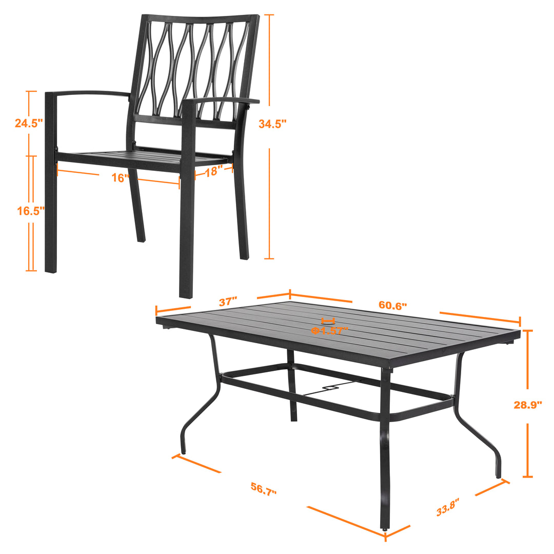 7-Piece Patio Dining Set, 6 Dining Chairs and 61'' x 37'' Rectangle Dining Table with 1.57'' Umbrella Hole, Powder-coated Iron Frame, for Outdoor and Indoor Space, Patio, Deck, Garden, Backyard, Black