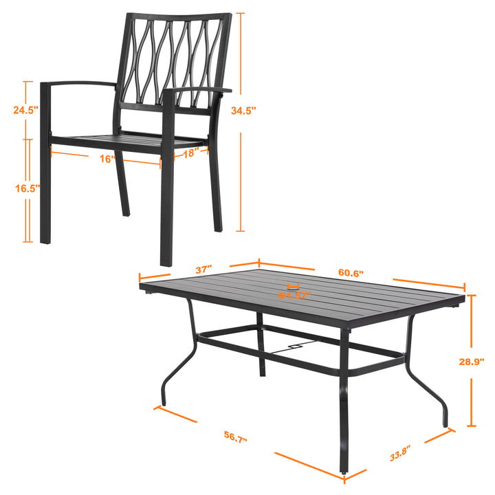 7-Piece Patio Dining Set, 6 Dining Chairs and 61'' x 37'' Rectangle Dining Table with 1.57'' Umbrella Hole, Powder-coated Iron Frame, for Outdoor and Indoor Space, Patio, Deck, Garden, Backyard, Black