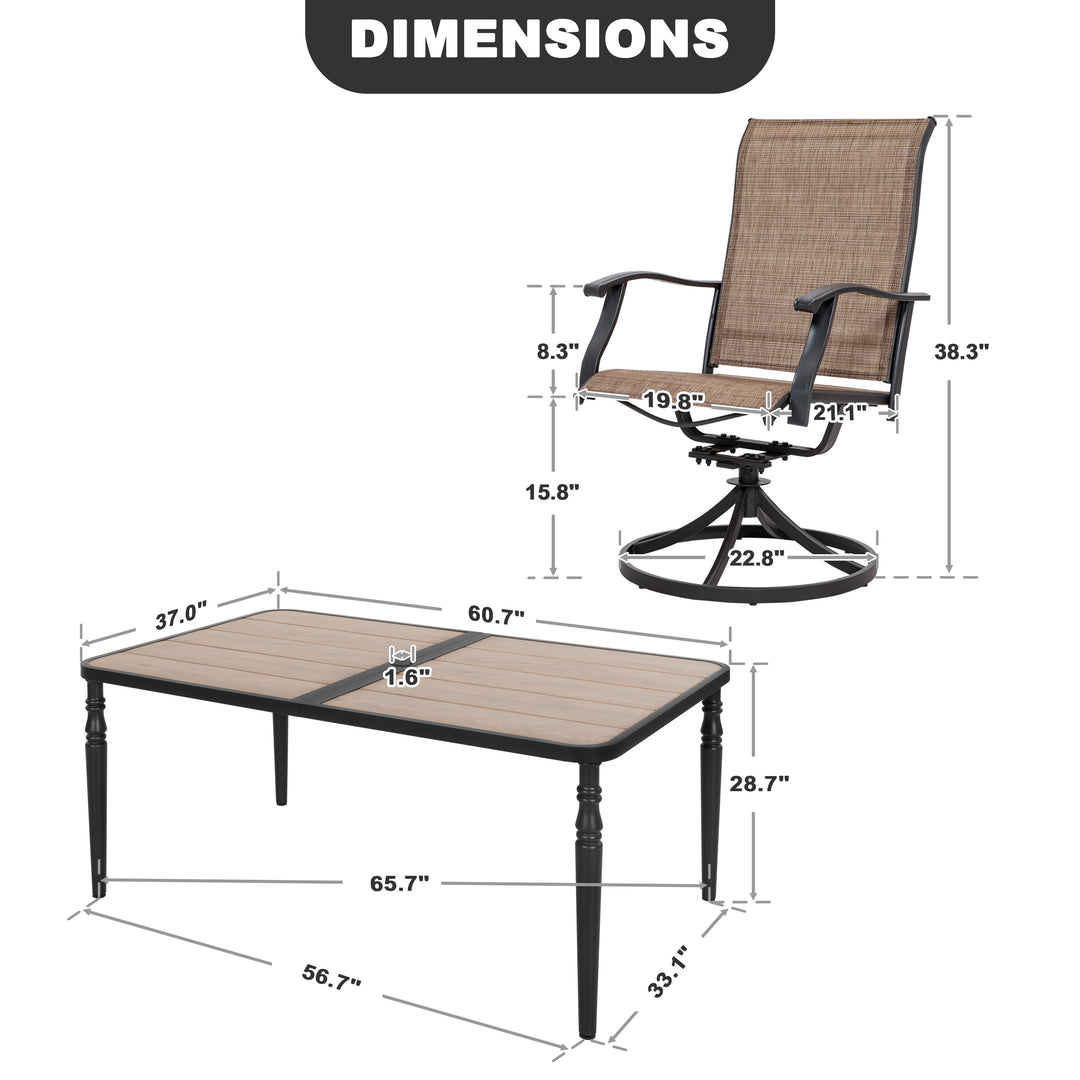 Patio Textilene Dining Table Set of 7 with Umbrella Hole and Swivel Chairs