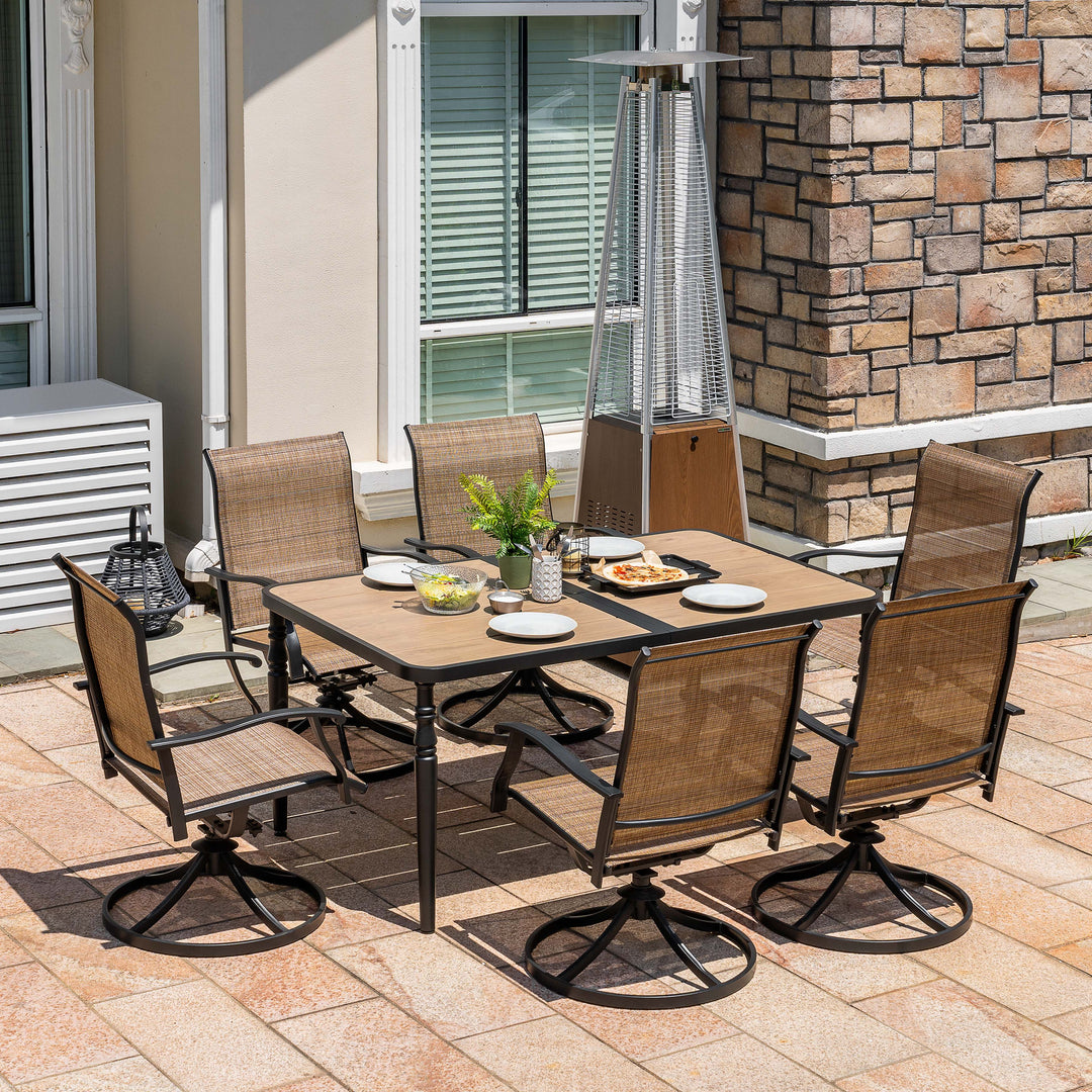 Patio Textilene Dining Table Set of 7 with Umbrella Hole and Swivel Chairs