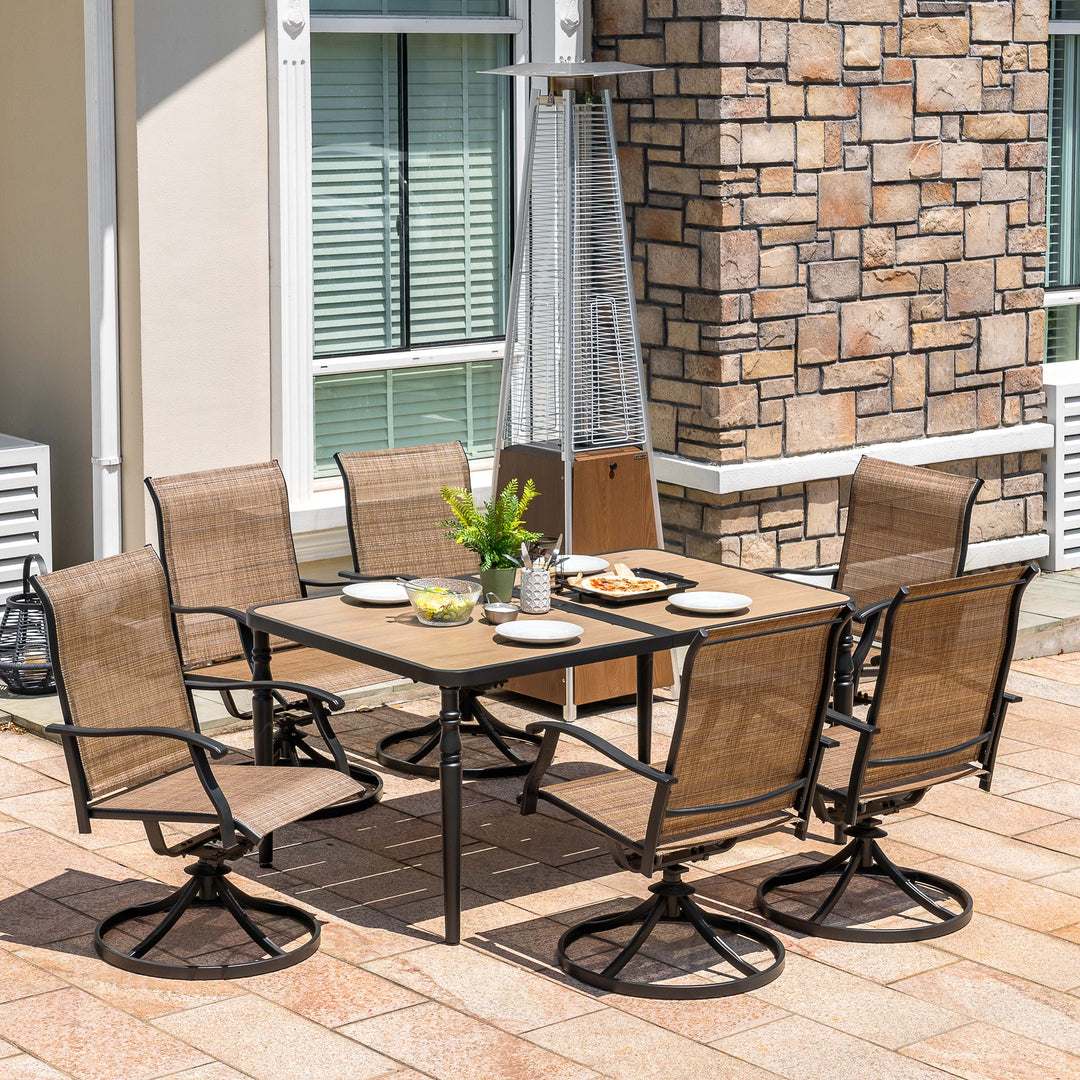 Patio Textilene Dining Table Set of 7 with Umbrella Hole and Swivel Chairs