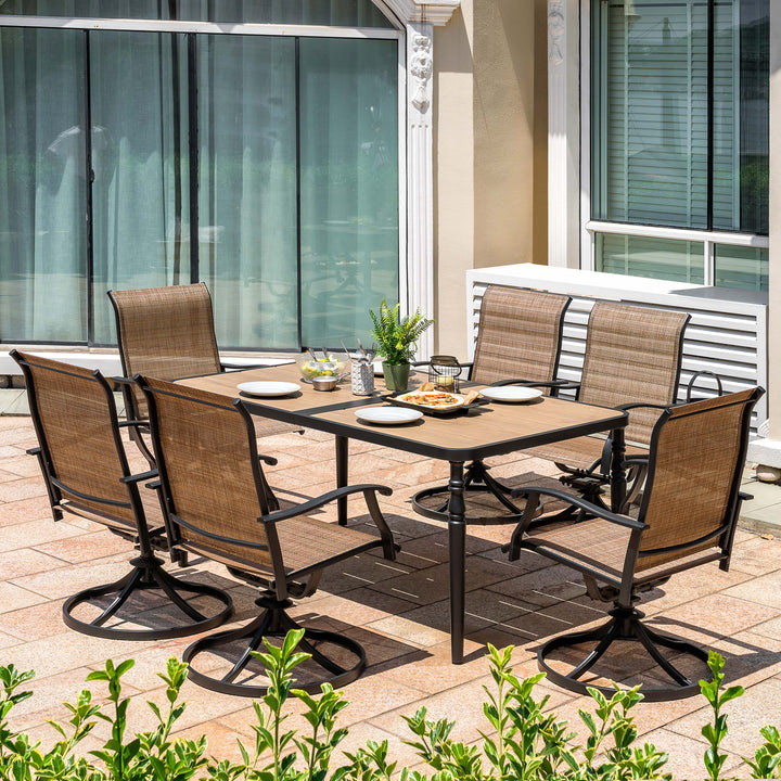 Patio Textilene Dining Table Set of 7 with Umbrella Hole and Swivel Chairs