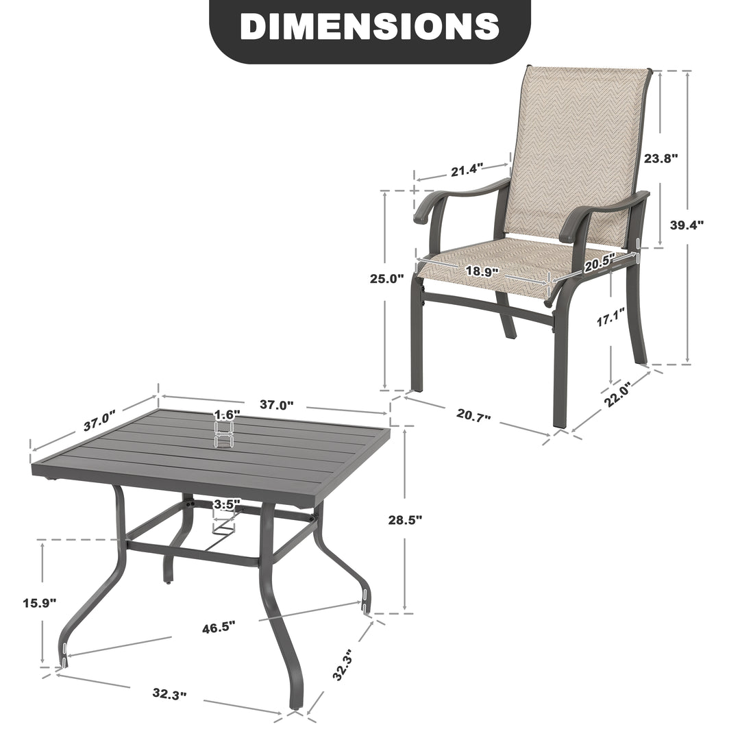 Patio Metal Textilene Dining Set of 5 with Umbrella Hole and High Backrest
