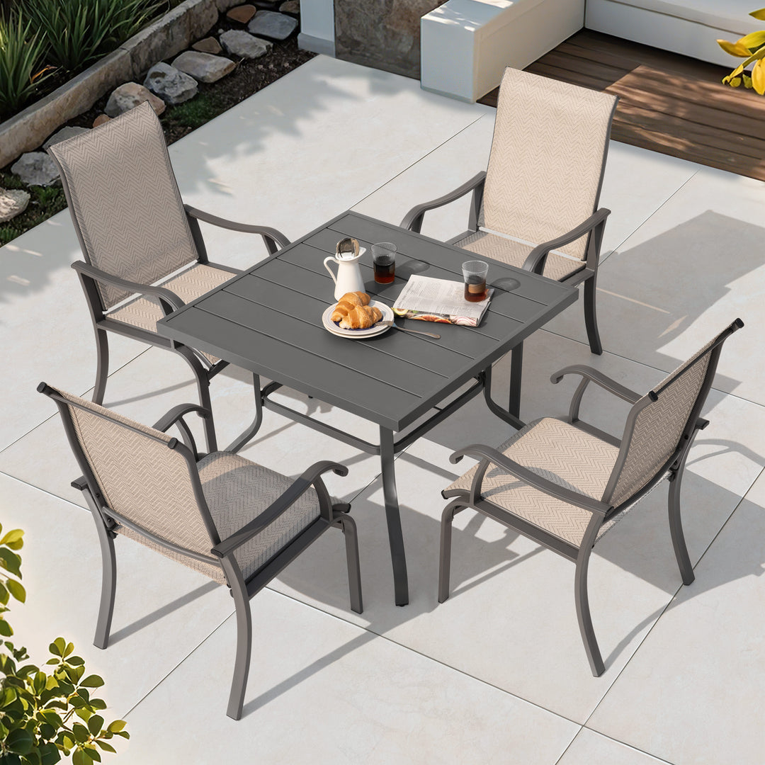 Patio Metal Textilene Dining Set of 5 with Umbrella Hole and High Backrest