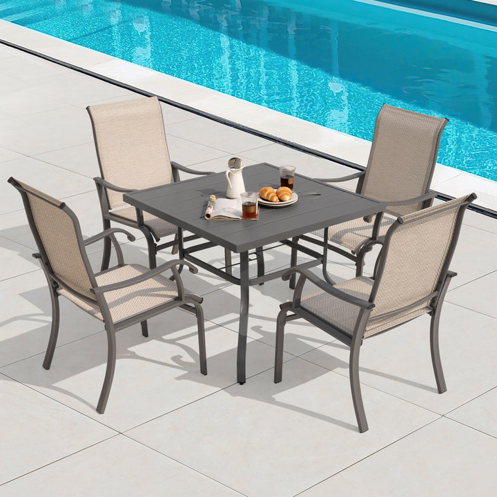 Patio Metal Textilene Dining Set of 5 with Umbrella Hole and High Backrest