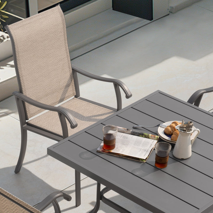 Patio Metal Textilene Dining Set of 5 with Umbrella Hole and High Backrest