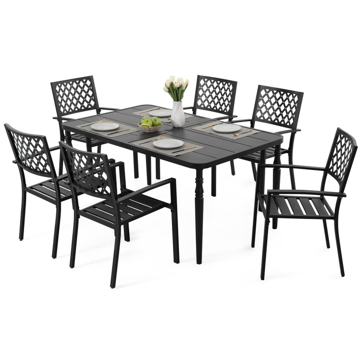 Patio Metal Dining Set with 6 Stackable Chairs and Umbrella Hole, Black