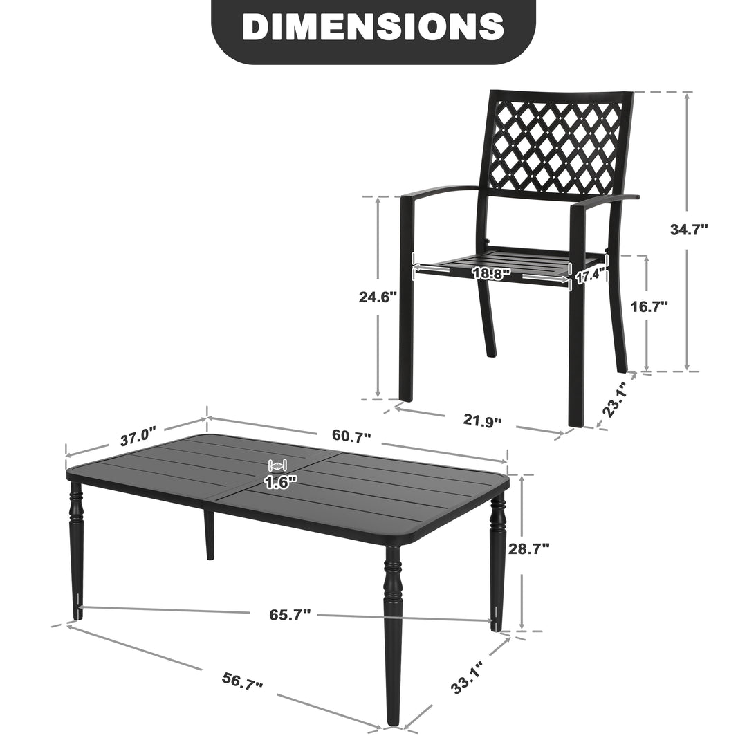 Patio Metal Dining Set with 6 Stackable Chairs and Umbrella Hole, Black
