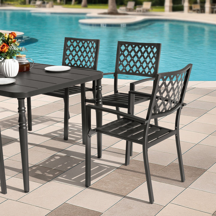 Patio Metal Dining Set with 6 Stackable Chairs and Umbrella Hole, Black