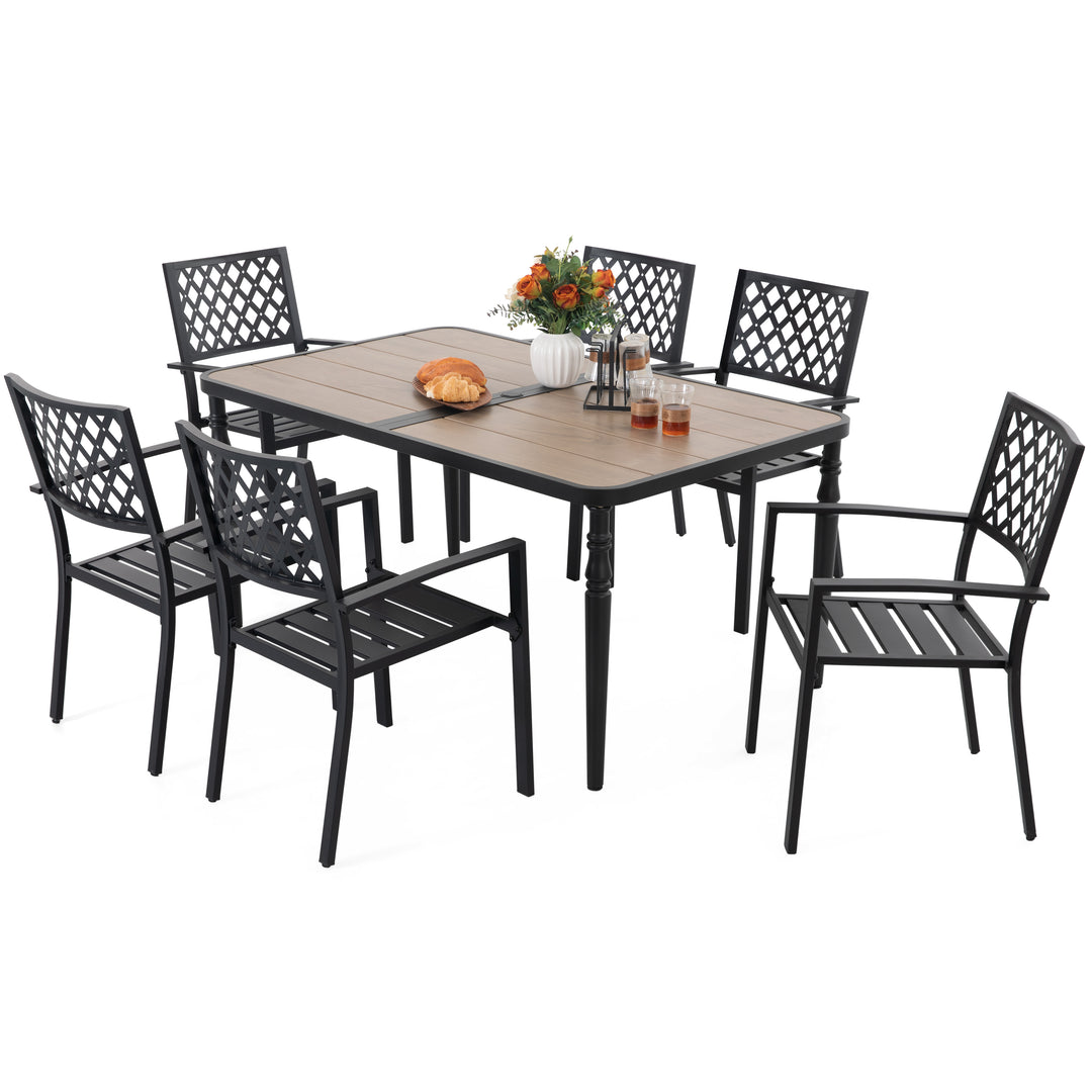 Patio Metal Dining Set with Umbrella Hole and 6 Stackable Chairs