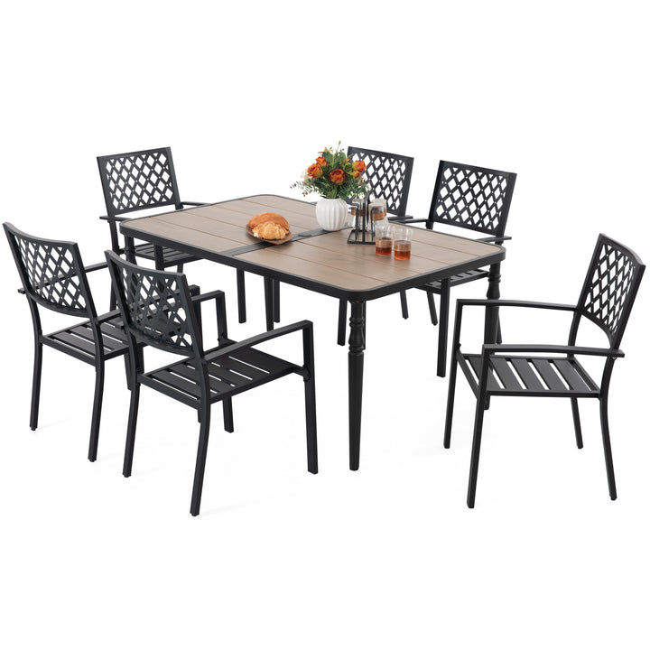 Patio Metal Dining Set with Umbrella Hole and 6 Stackable Chairs