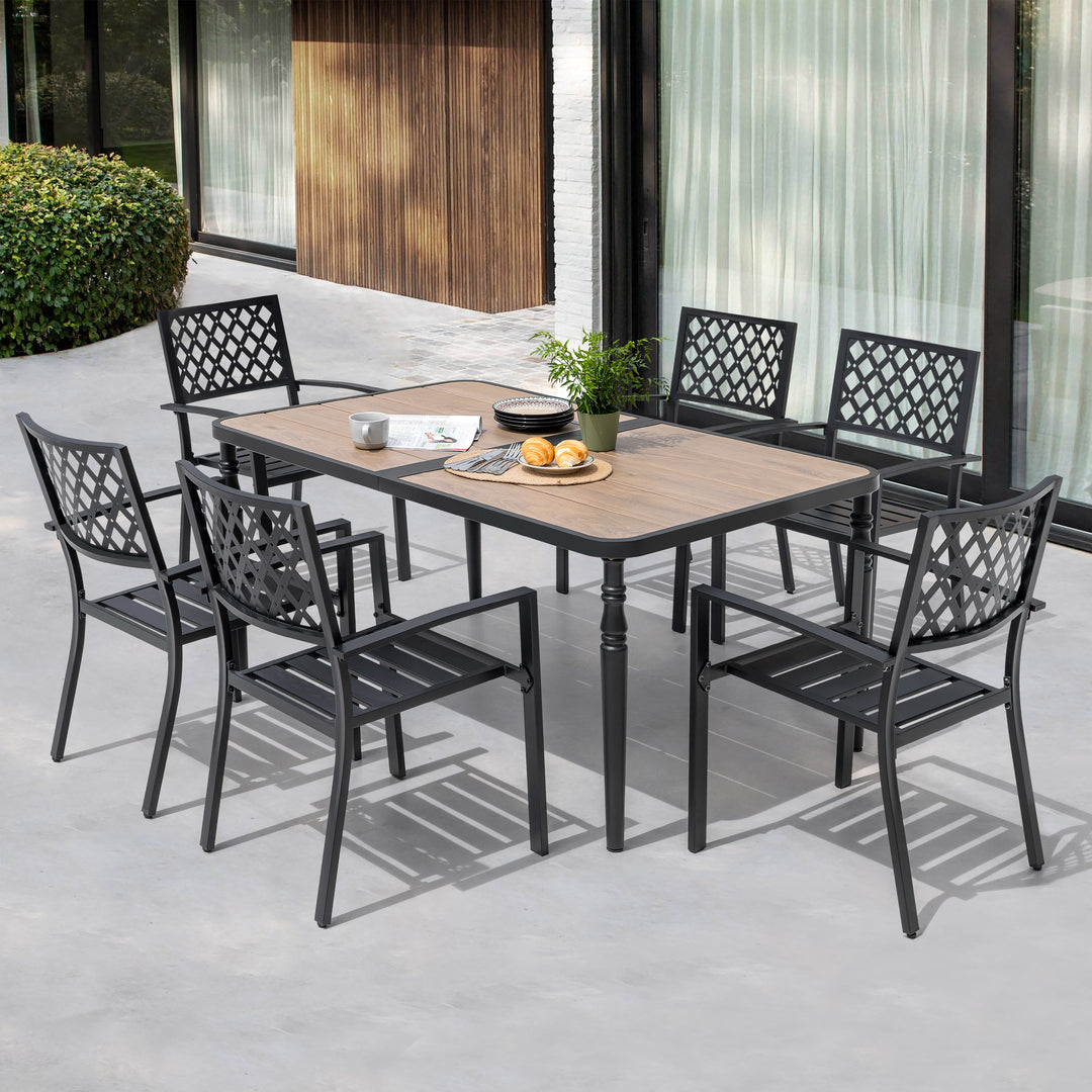 Patio Metal Dining Set with Umbrella Hole and 6 Stackable Chairs