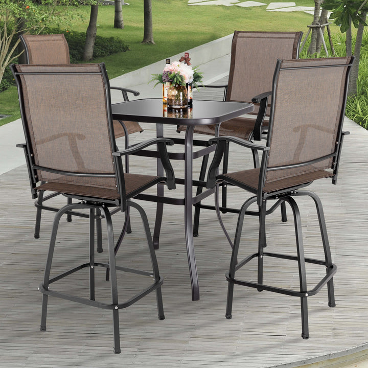 5-Piece Outdoor Patio Swivel Bar Stool Set with Glass Table, All-Weather Textilene