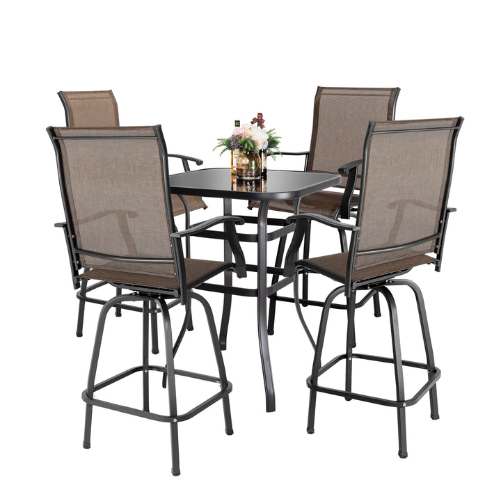 5-Piece Outdoor Patio Swivel Bar Stool Set with Glass Table, All-Weather Textilene