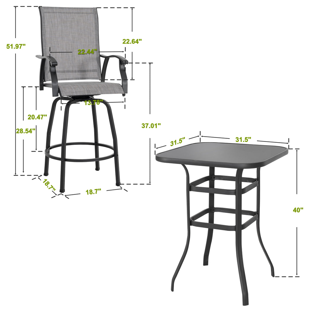 Outdoor 3-Piece Textilene Bar Set, Swivel Bar Stools and Bar Table, Gray