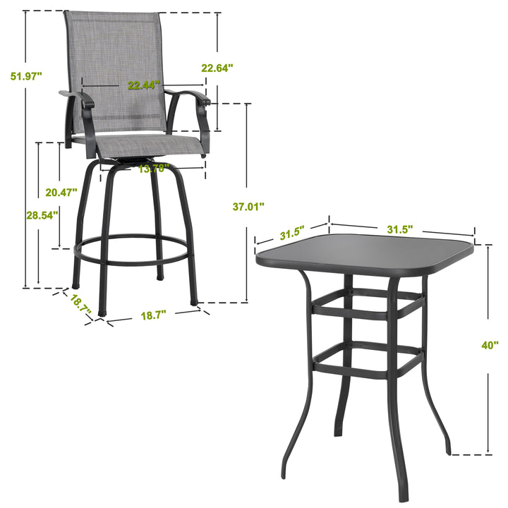 Outdoor 3-Piece Textilene Bar Set, Swivel Bar Stools and Bar Table, Gray