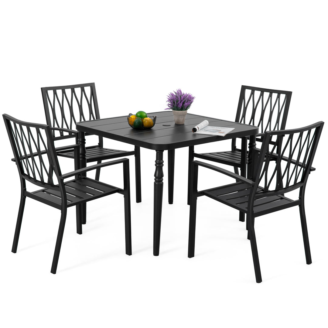 Patio Metal Dining Set with 4 Stackable Chairs and Umbrella Hole, Black