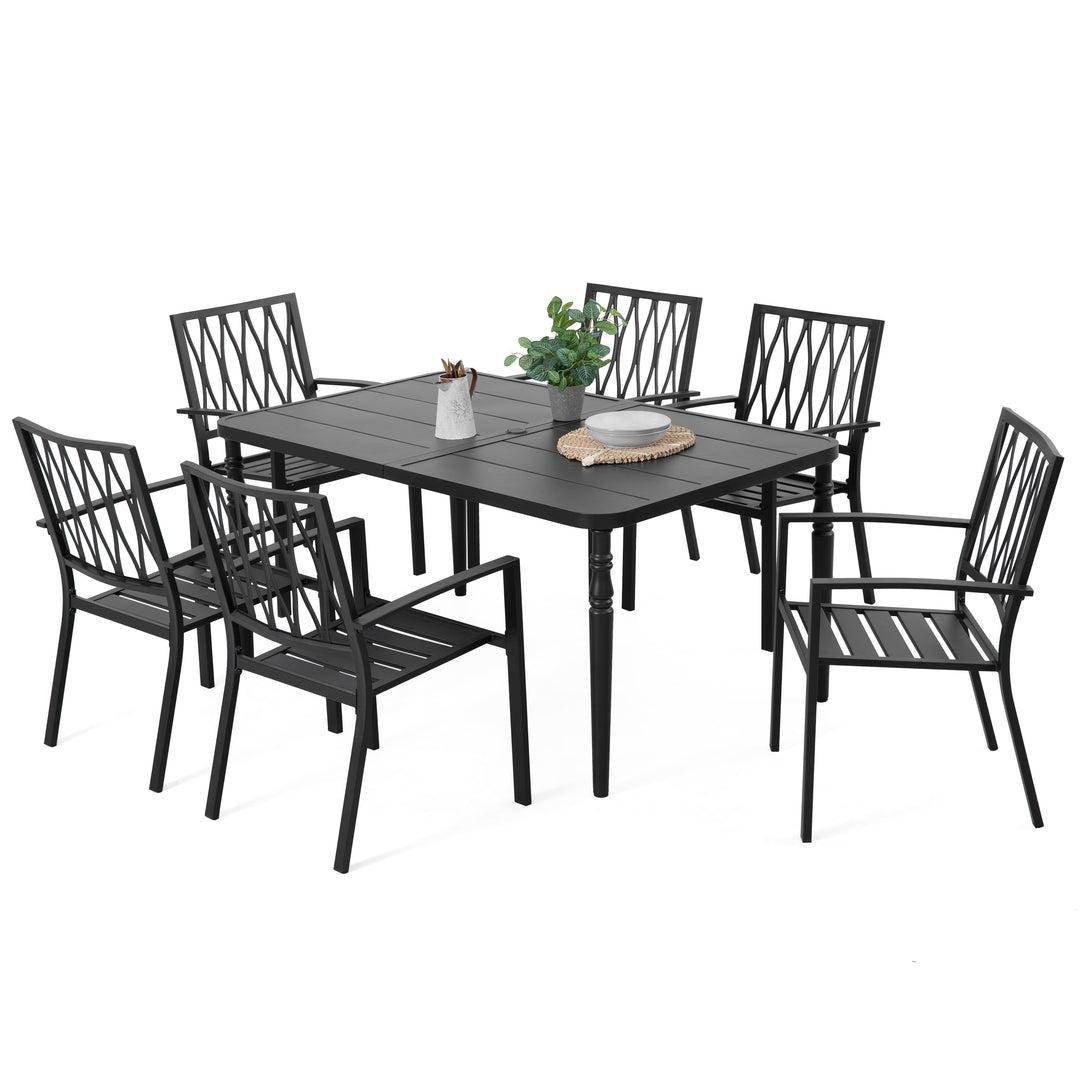 Patio Metal Dining Set with 6 Stackable Chairs and Umbrella Hole, Black